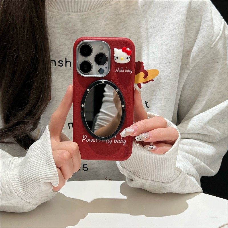 红色凯蒂猫立体公仔iphone17/16promax镜子手机壳蝴蝶结13苹果14/15pro磨砂硅胶套卡通kt猫超薄保护壳新年款
