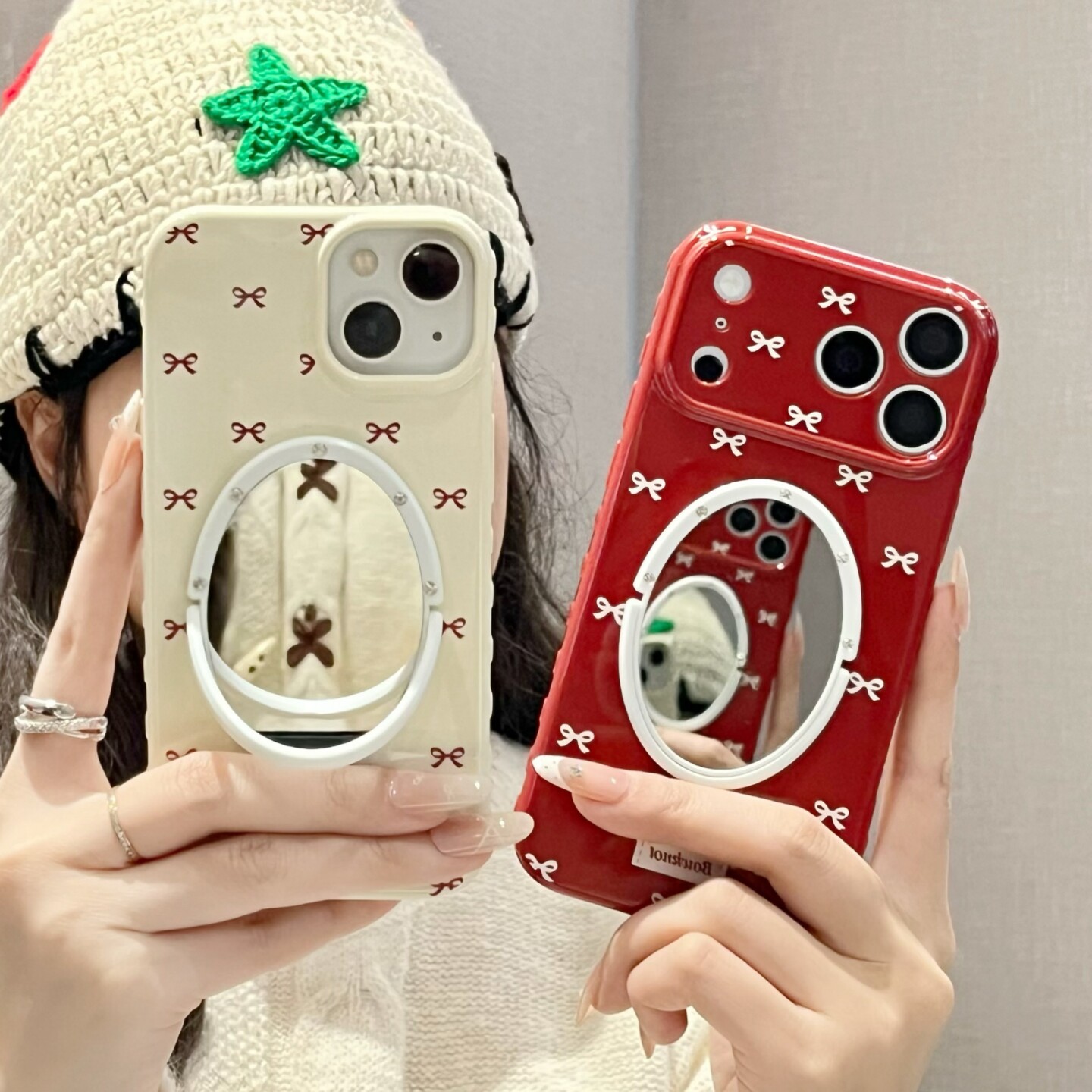 红色蝴蝶结适用iphone16/17promax镜子手机壳硅胶套13/14苹果15promax米色标签保护壳新款女软壳防摔简约可爱
