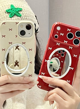 红色蝴蝶结适用iphone16/17promax镜子手机壳硅胶套13/14苹果15promax米色标签保护壳新款女软壳防摔简约可爱