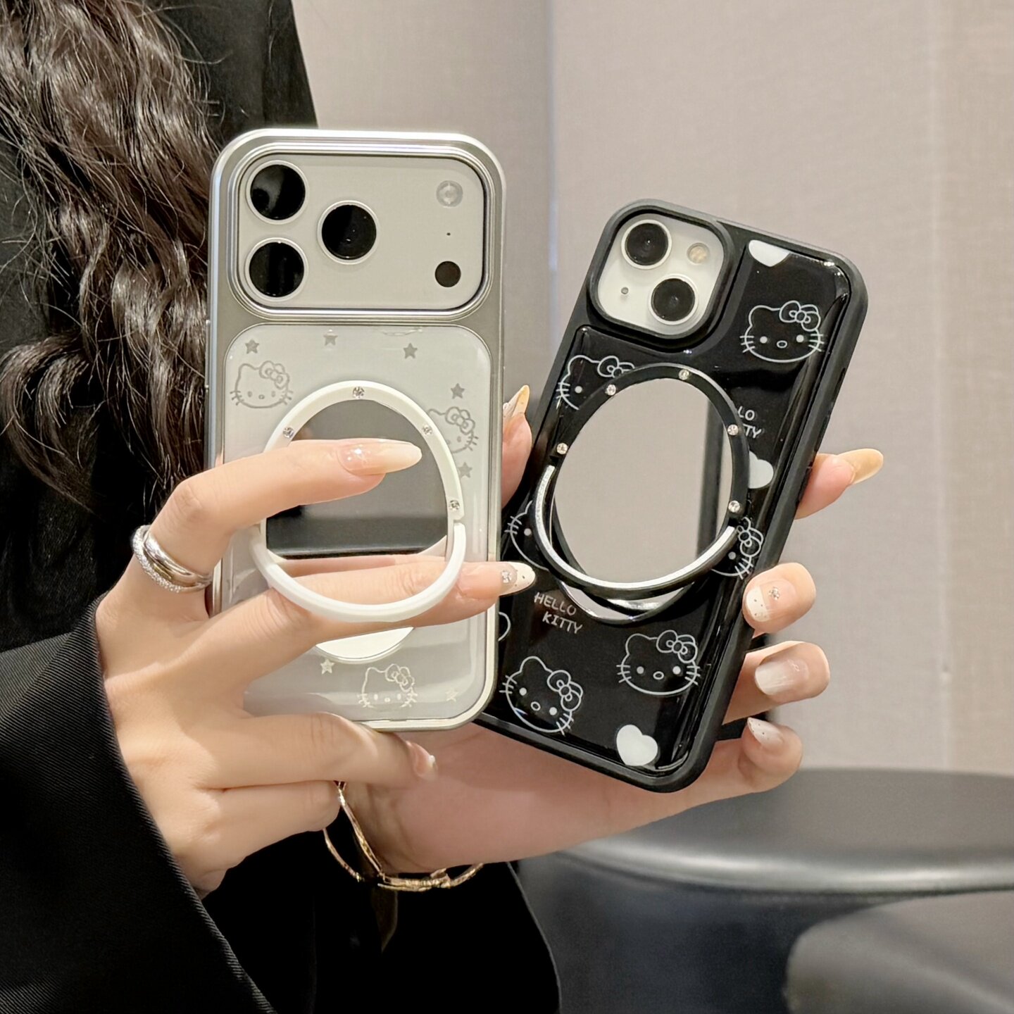 滴胶爱心猫咪适用iphone16/17promax镜子手机壳电镀银边硬壳13/14苹果15/16promax黑色星星保护壳新款女小猫