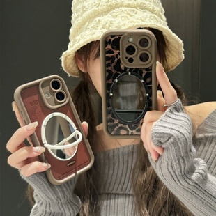 复古豹纹iphone17pro/16promax镜子手机壳气囊13苹果14棕色KT猫磨砂保护壳防摔气垫15pro凯蒂猫软硅胶套女12