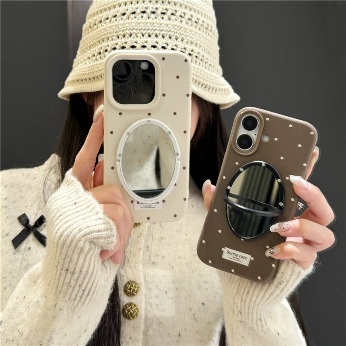 秋冬简约波点iphone17/15pro镜子手机壳16promax磨砂保护壳圆点13苹果14pro可爱糯米壳适用17pro小清新创意女