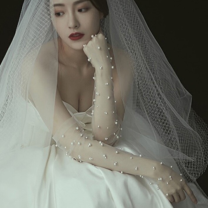 새로운 오리지널 요정 신부 웨딩 드레스 수제 진주 페르시 화이트 거즈 사진 반투명 얇은 명주 그물 짧은 장갑
