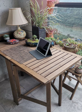 实木靠墙折叠桌子可伸缩餐桌长方形家用耐晒阳台木头实芯桌椅组合