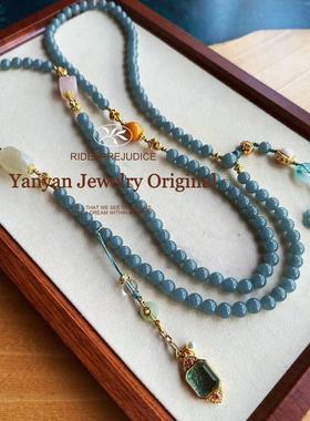 新中式复古中国风蓝水斜挎链项链时尚流苏凤凰吊坠高级百搭女