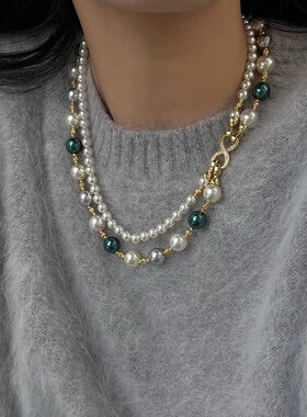 平安吉物双层秋冬混彩珍珠麻花扣项链女轻奢感小众气质网红毛衣链