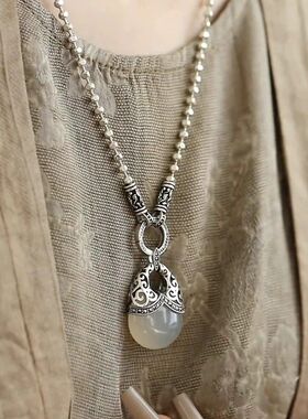 平安吉物925纯银复古做旧圆珠项链新中式银项链高级感毛衣链礼物