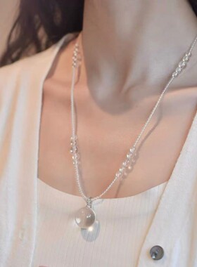 S925纯银扣头天然百搭白水晶锁骨链圆珠项链女士毛衣链网红同款感