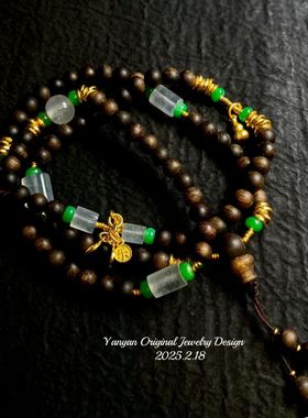 新中式设计檀木圆珠简约精致中长款项链毛衣链