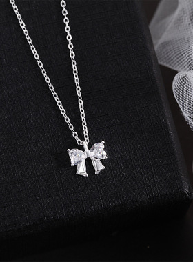 s999纯银梦幻少女蝴蝶结项链轻奢闪钻锁骨链爱心锆石项坠项饰批发