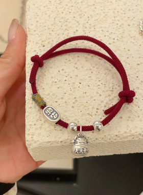 足银999纯银天天开心招财猫本命年编织红绳手链男女款情侣款批发