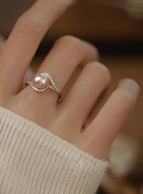 天然粉色淡水珍珠戒指小众高级感开口指环女小众锆石尾戒手饰批发