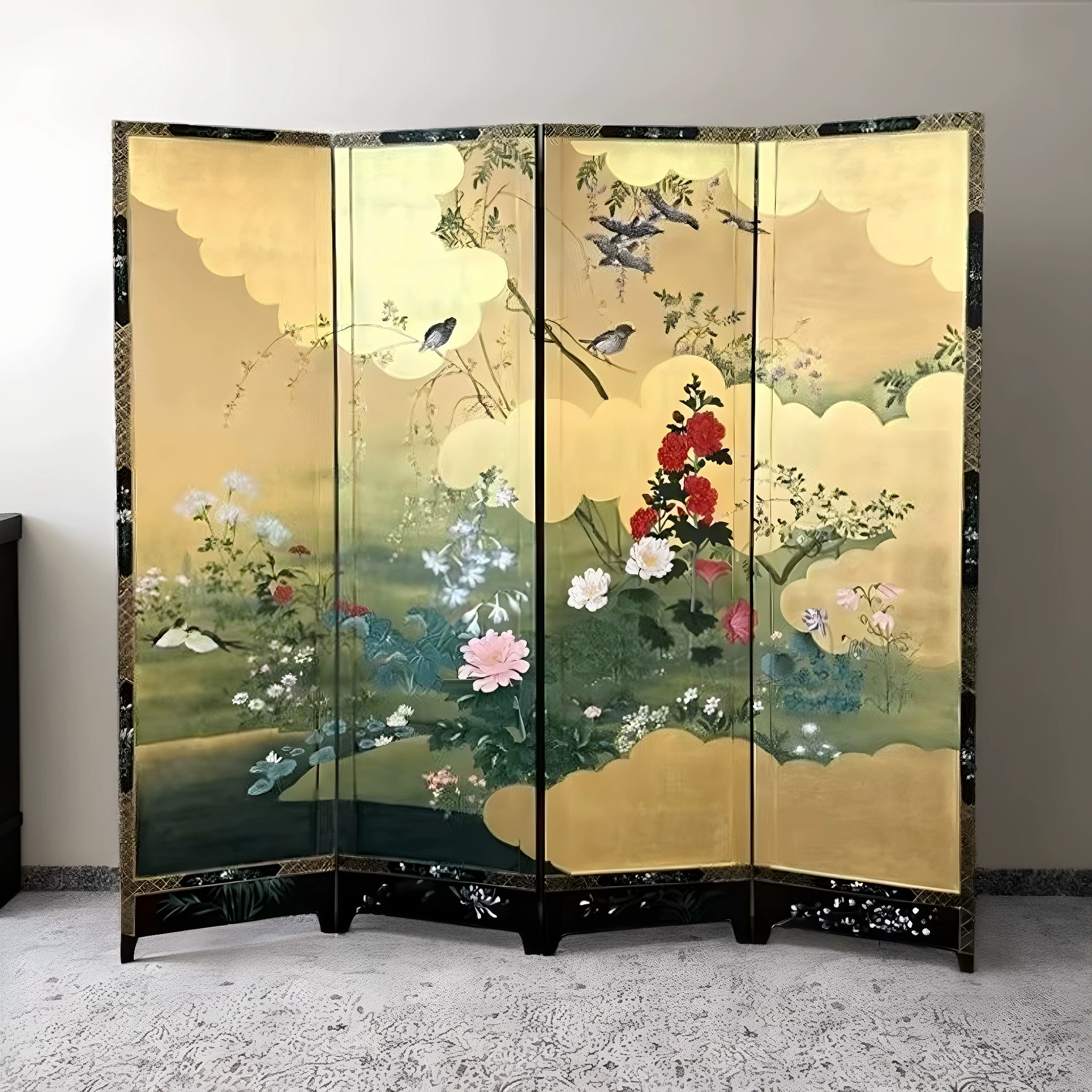 新中式手绘花鸟金银箔漆画折屏