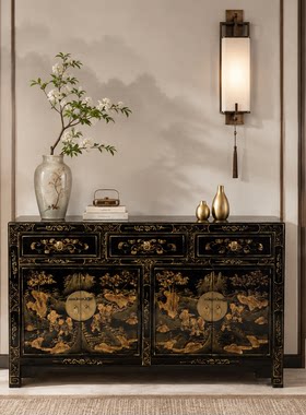 中式复古黑描金手绘餐边柜