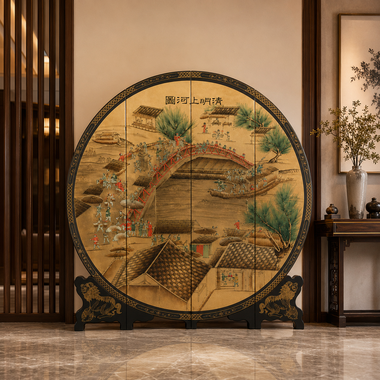金箔手绘清明上河图折叠屏风