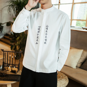 2021春季新款男装中国风文字刺绣衬衣大码百搭衬衫 C03-P55模特图图片