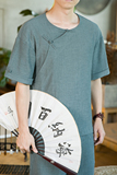 夏季新款男装冰丝抗皱宽松唐装衬衣中国风盘扣短袖衬衫绿C18-P55，男装衬衫，电商B277(原6028)