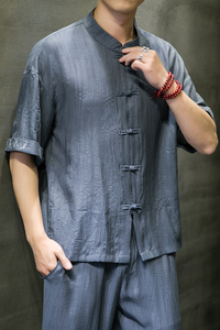 夏新款男中国风棉麻盘扣冰丝唐装衬衣绣花短袖衬衫深灰 C15-P55图片