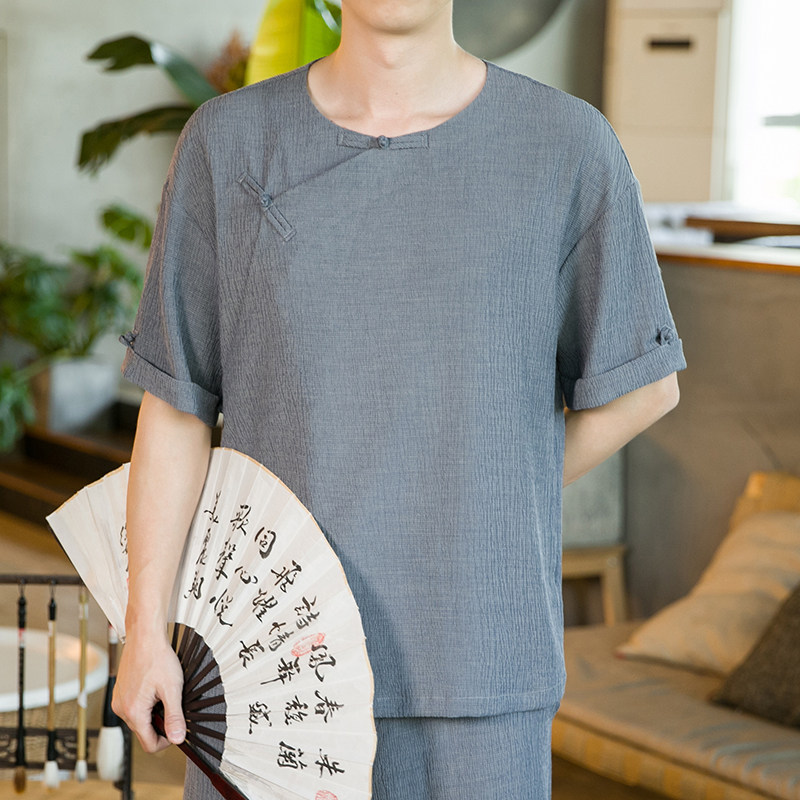 夏季新款男装冰丝抗皱宽松唐装衬衣中国风盘扣短袖衬衫灰 C18-P55图片