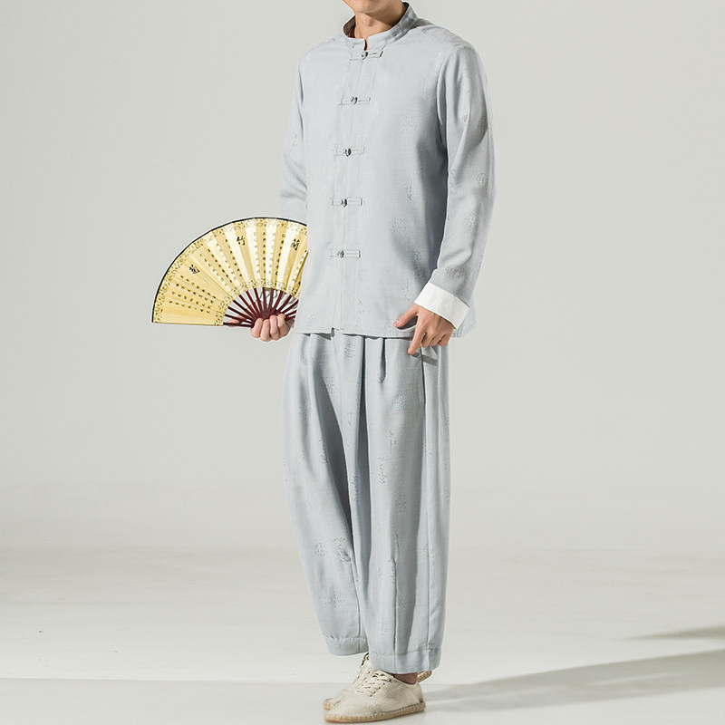 春季新款男装套装中国风复古棉麻提花刺绣两件套白墙米白A15-P95,男装休闲套装,电商B277(原6028)