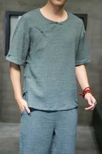 夏季新款男冰丝抗皱宽松唐装衬衣中国风盘扣短袖衬衫绿色 C18-P55图片
