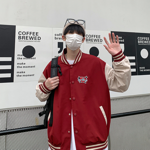 2026秋季新款港風原創(chuàng)棒球服夾克刺繡撞色上衣外套紅色 GJ08-P70圖片