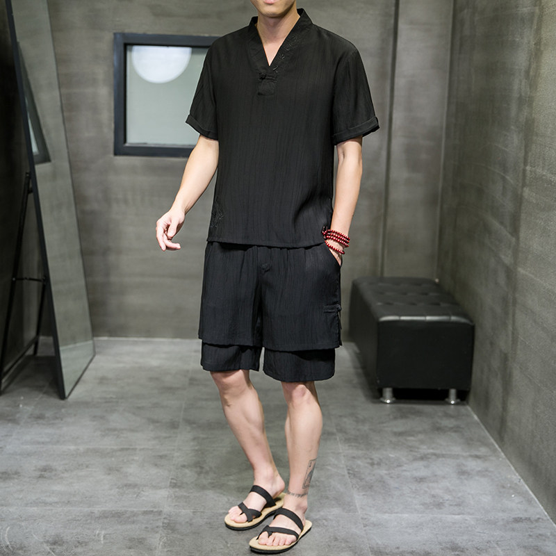 夏新款男中国风天丝套装刺绣冰丝两件套短袖+短裤黑色A21-P95，男装休闲套装，电商B277(原6028)