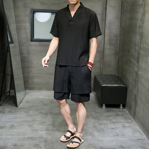 夏新款男中国风天丝套装 刺绣冰丝两件套短袖+短裤黑色 A21-P95,男装休闲套装,电商B277(原6028)