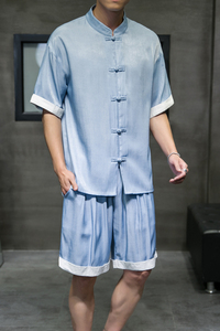 夏季新款男中国风天丝套装 冰丝盘扣两件套短袖+短裤蓝色 A25-P85图片