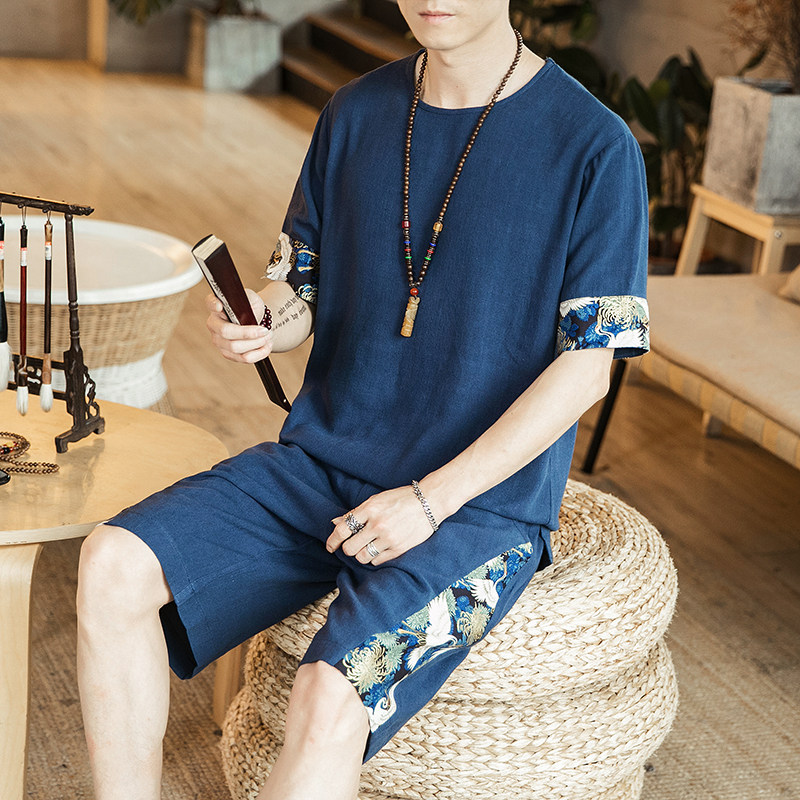 男中国风棉麻套装仙鹤印花两件套蓝色短袖+短裤A09-P85可分开销售图片