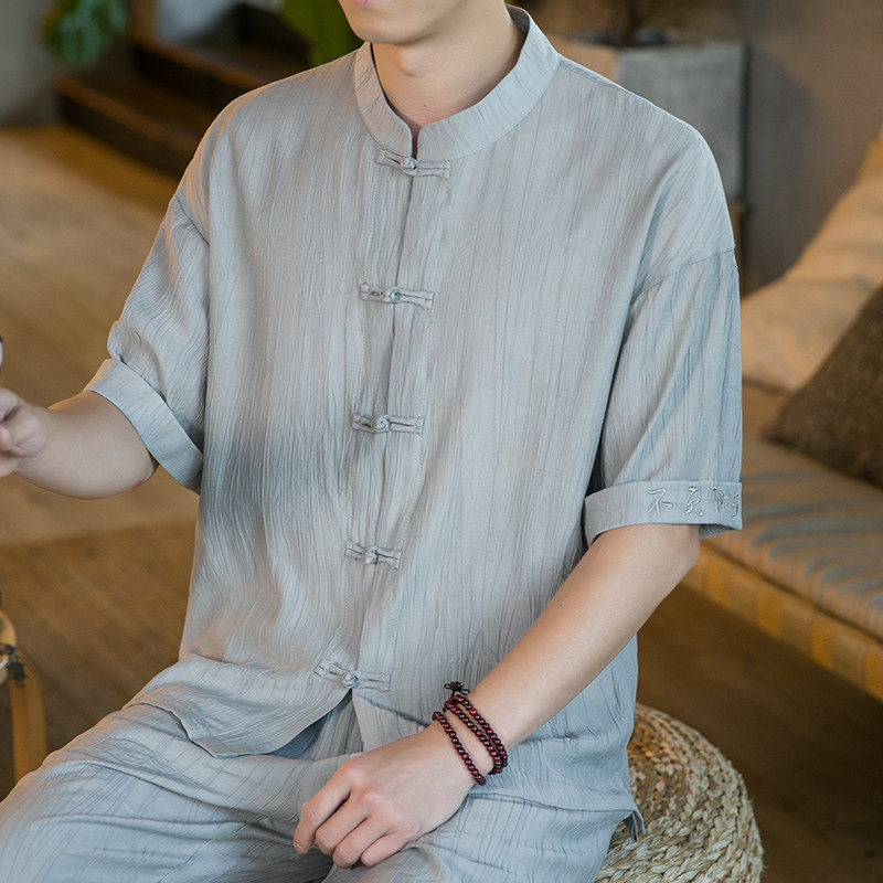 2025春季新款男风棉麻盘扣冰丝唐装绣花短袖衬衫浅灰C15-P55图片
