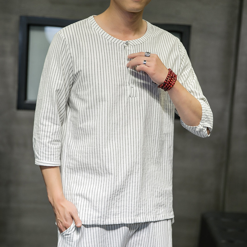 夏季新款男原创盘扣宽松衬衣中国风条纹唐装衬衫白色C23-P45,男装衬衫,电商B277(原6028)