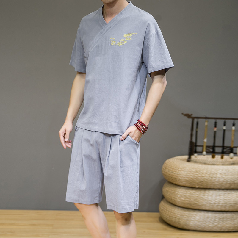 夏季新款男风棉麻套装刺绣两件套短袖+短裤灰墙黑A18,男装休闲套装,电商B277(原6028)