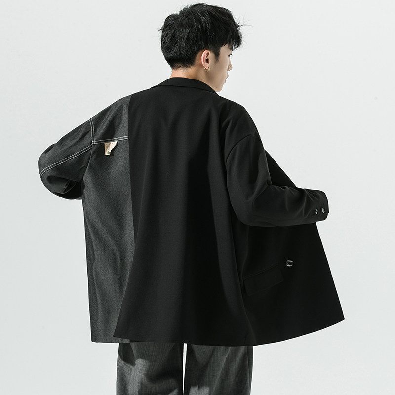 2026秋季新款日系西服拼接不对称宽松休闲西服外套黑GX10-P135,男装西服,电商B277(原6028)