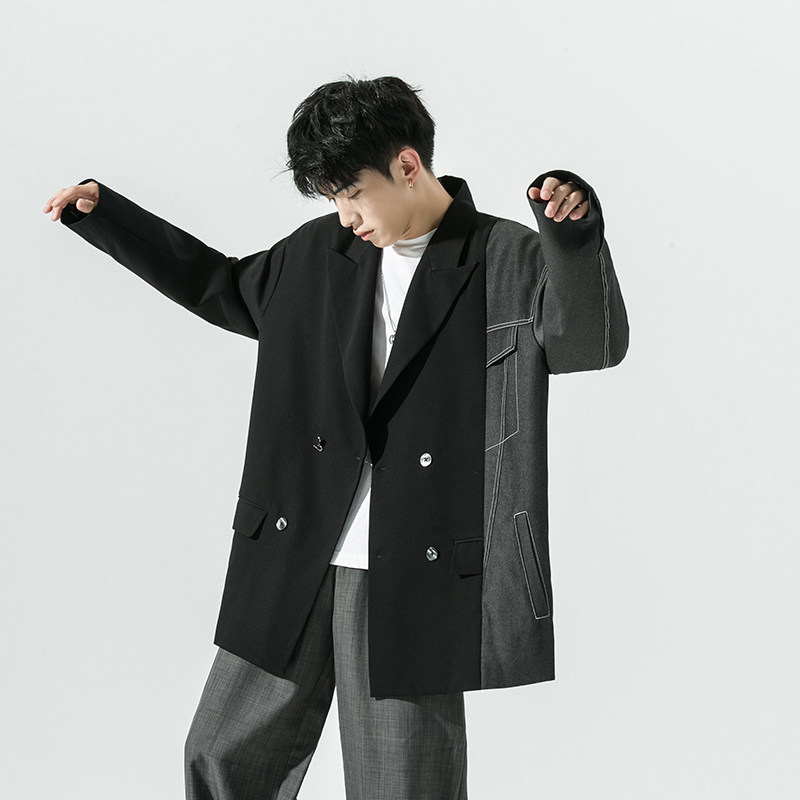 2026秋季新款日系西服拼接不对称宽松休闲西服外套黑GX10-P135,男装西服,电商B277(原6028)