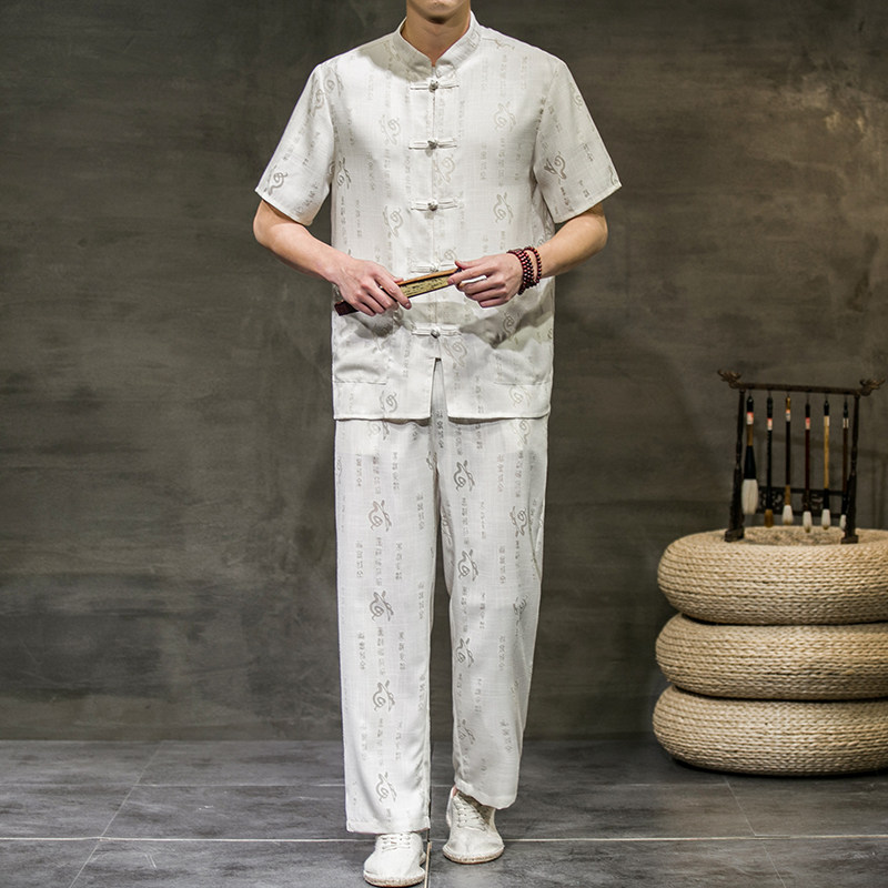 2025夏季新款男装套装风棉麻提花刺绣短袖两件套黑墙A12-P85,男装T恤,电商B277(原6028)