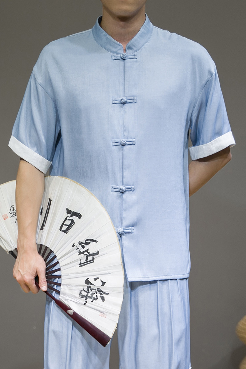 夏新款男原创盘扣天丝宽松衬衣中国风唐装短袖衬衫灰墙蓝C17-P40,男装衬衫,电商B277(原6028)