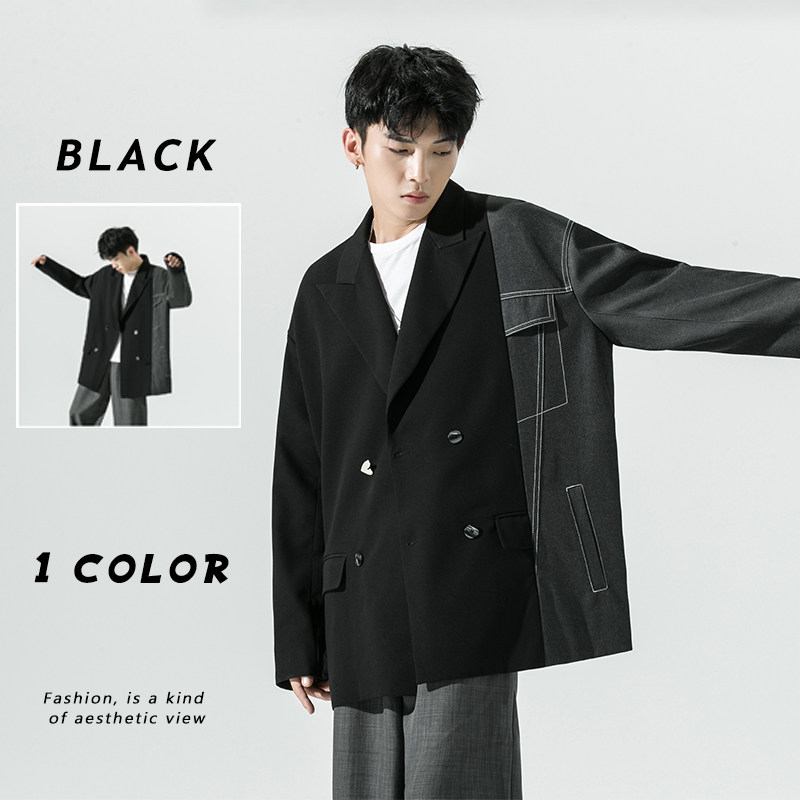 2026秋季新款日系西服拼接不对称宽松休闲西服外套黑 GX10-P135图片