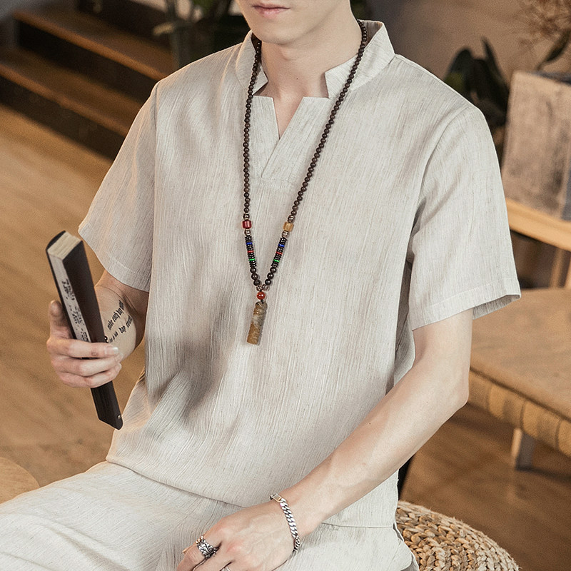 2021夏季新款男装T恤中国风复古原创棉麻v领短袖上衣麻灰T13-P45,男装T恤,电商B277(原6028)