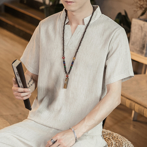 2021夏季新款男装T恤中国风复古原创棉麻v领短袖上衣麻灰 T13-P45图片