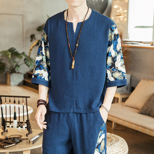 2021夏季新款男装 中国风仙鹤印花短袖上衣棉麻T恤 T10-P45咖啡厅图片