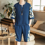 中国风男棉麻套装亚麻透气仙鹤两件套短袖+短裤A10-P85可分开销售，男装套装，电商B277(原6028)