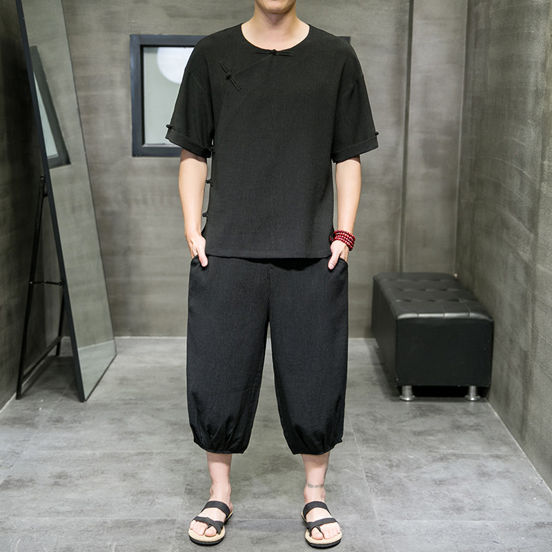 夏季新款男中国风冰丝套装盘扣两件套短袖+七分裤黑色 A22-P95图片