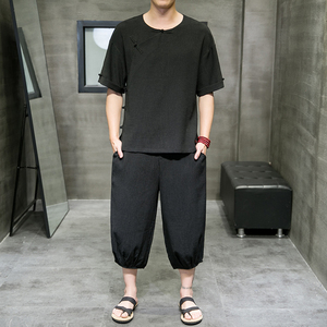 夏季新款男中国风冰丝套装盘扣两件套短袖+七分裤黑色 A22-P95图片