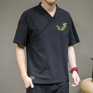 夏季新款男棉麻刺绣宽松唐装衬衣风绣花短袖衬衫灰墙 C11图片