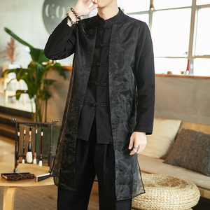 2021春季新款男装 中国风欧根纱提花棉麻风衣中长款外套 F10-P55图片