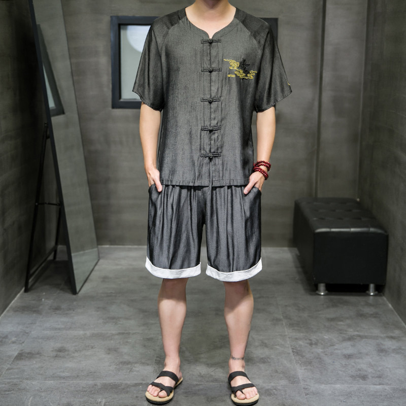 夏季新款男中国风天丝套装刺绣冰丝两件套短袖+短裤蓝色A19-P85,男装休闲套装,电商B277(原6028)