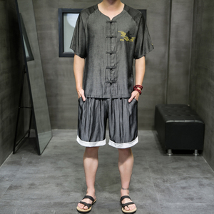 夏季新款男中国风天丝套装刺绣冰丝两件套短袖+短裤蓝色A19-P85