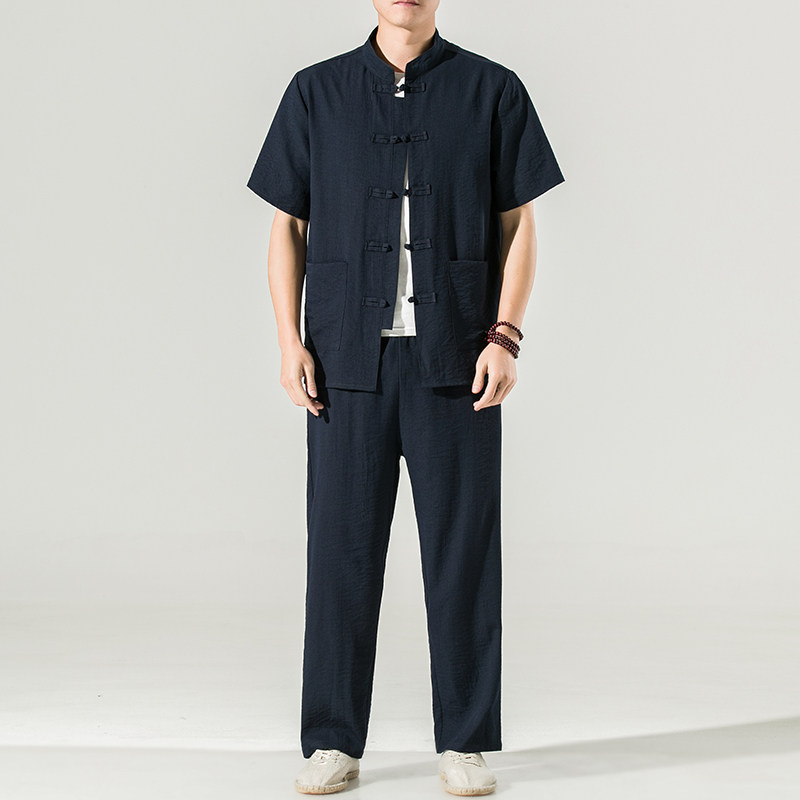 夏季新款男装套装中国风复古冰丝防皱短袖两件套白墙藏青A13-P75，男装套装，电商B277(原6028)
