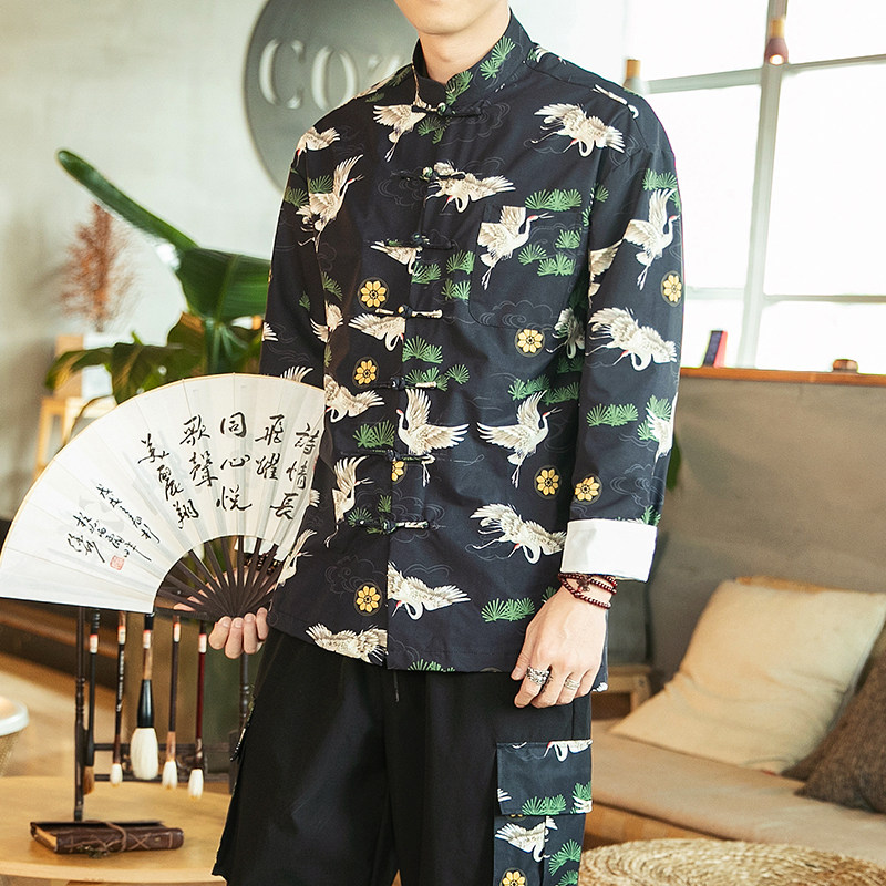 2021秋季新款男装 中国风仙鹤印花衬衫盘扣唐装外套上衣 C05-P70图片